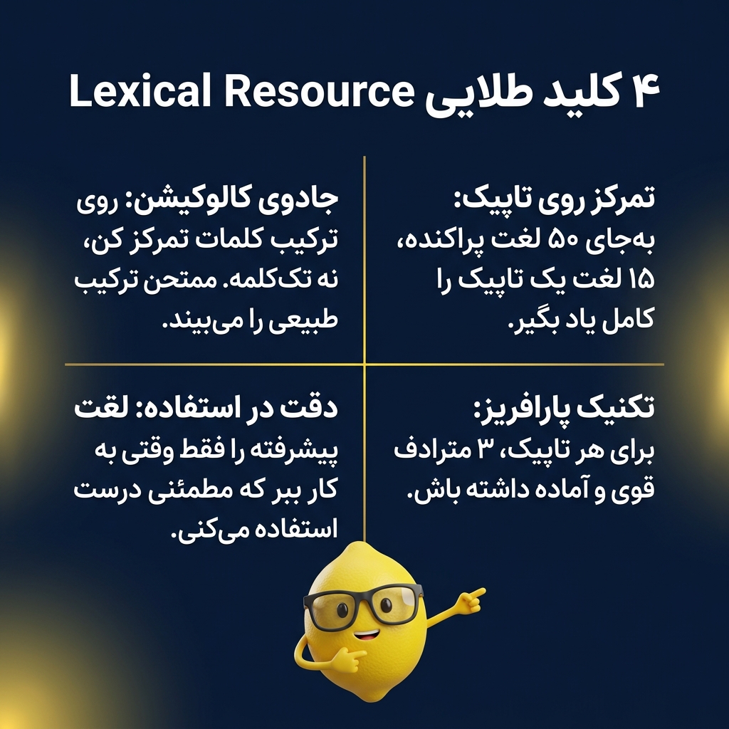  جمع‌بندیVocabulary for IELTS اثر Anneli Williams یکی از کامل‌ترین و کاربردی‌ترین منابعه برای ارتقای دایره لغات آزمون آیلتسه.اگر هدفت نمره‌ی بالای ۶.۵ هست، جلد Advanced رو اولویت قرار بده و تمرین‌ها رو با دقت و طبق روش لیمو انجام بده.نیاز به راهنمایی بیشتری داری؟