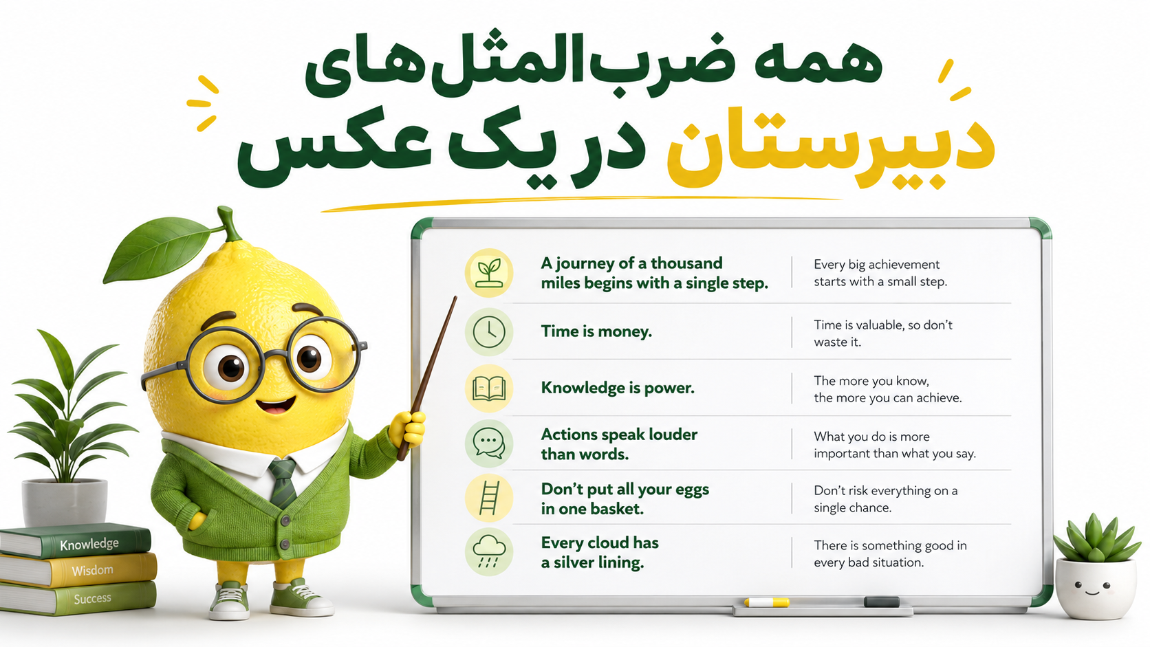 همه ضرب‌المثل‌های مهم زبان انگلیسی دبیرستان در یک عکس + معنی ساده